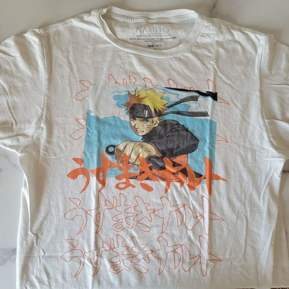 Naruto mens small to medium white tee shirt anime action short sleeve crew T-shi